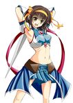  alternate_costume armpits arms_behind_head breasts brown_eyes brown_hair covered_nipples crop_top detached_sleeves fang gloves hairband large_breasts midriff navel raion666 ribbon short_hair showgirl_skirt skirt smile solo superheroine_haruhi suzumiya_haruhi suzumiya_haruhi_no_tomadoi suzumiya_haruhi_no_yuuutsu sword weapon white_background 