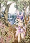  absurdres animal_ears artist_name ass backless_outfit bare_shoulders braid bunny_ears detached_sleeves elin_(tera) fingerless_gloves forest from_behind gloves highres leotard long_hair looking_back nature purple_eyes purple_hair ruins solo staff tail tera_online traditional_media tree weapon 