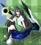  absurdres asymmetrical_legwear black_hair blush bow cape hair_bow highres long_hair paula_(annasan) red_eyes reiuji_utsuho sitting smile solo third_eye touhou wings 