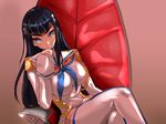  black_hair blue_eyes breasts chair crossed_legs epaulettes junketsu kill_la_kill kiryuuin_satsuki large_breasts long_hair long_sleeves piaroo school_uniform sitting skirt smile thighhighs 