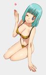  animal_print aqua_hair bangs blue_eyes blunt_bangs bra breasts bulma cleavage dragon_ball heart large_breasts leopard_print nail_polish navel one_eye_closed panties sitting solo underwear underwear_only yokozuwari yukimitsuki 