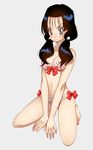  barefoot bikini black_hair blue_eyes blush breasts cleavage dragon_ball feet long_hair medium_breasts navel pout sitting solo swimsuit toenails toes twintails v_arms videl yukimitsuki 