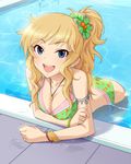  :d artist_request ass bikini blonde_hair blue_eyes bracelet breasts cleavage hair_ornament hair_scrunchie idolmaster idolmaster_cinderella_girls jewelry large_breasts layered_bikini long_hair looking_at_viewer necklace official_art ootsuki_yui open_mouth pendant ponytail pool poolside print_bikini scrunchie smile solo star star_print swimsuit wading water 