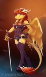  anthro antiander belt boots breasts clothed clothing dragon female fur hair heels hi_res high_heels horn legwear long_hair looking_at_viewer navel necklace red_hair smile solo sword tail_ring tail_tuft teddy thigh_boots thigh_high_boots thigh_highs tight_clothing tuft weapon wings yellow_feathers yellow_skin 