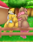  2019 anglo anthro anus ass_to_ass big_butt big_thighs brown_fur butt digital_media_(artwork) duo female floatzel fur hair hi_res lagomorph looking_at_viewer looking_back lopunny mamal mammal mustelid nintendo nude photshop_grass_brush pok&eacute;mon pok&eacute;mon_(species) presenting presenting_hindquarters pussy pussy_juice rear_view rodent simple_background smile video_games 