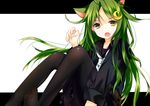  animal_ears black_legwear cat_ears crescent crescent_hair_ornament fang green_eyes green_hair hair_ornament kantai_collection kemonomimi_mode kusada_souta letterboxed long_hair looking_at_viewer nagatsuki_(kantai_collection) open_mouth pantyhose shirt skirt skirt_set solo very_long_hair 