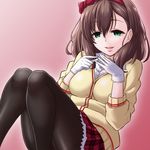  brown_hair empty_eyes gloves green_eyes hair_ribbon idolmaster idolmaster_cinderella_girls long_hair looking_at_viewer open_mouth pantyhose plaid plaid_skirt ribbon sakuma_mayu shouji_nigou skirt smile solo white_gloves 