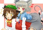  2girls :3 all_fours animal_ears biting blush bobby_socks brown_hair capelet cat_ears cat_tail chen commentary_request ear_biting grey_hair hat heart highres himenomikan jewelry lying mouse_ears mouse_tail multiple_girls multiple_tails nazrin on_stomach pendant pink_eyes role_reversal short_hair smile socks surprised tail tears touhou yellow_eyes 