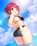  :o adjusting_clothes adjusting_swimsuit ahoge ass bikini blush cloud day ensemble_girls! ensemble_girls_(artist) komatsu_botan lens_flare looking_back ocean official_art pink_eyes red_hair short_hair sky solo sparkle strap_gap sun swimsuit wading water watermark 