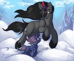  bluntwhiskey child cub duo equine father father_and_son feral friendship_is_magic horn horse king_sombra_(mlp) male my_little_pony nightweaver_(character) parent pony running smile snow son text unicorn young 
