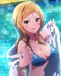  artist_request bikini blush bracelet breasts cleavage fingernails idolmaster idolmaster_million_live! jewelry lens_flare long_fingernails long_hair looking_at_viewer medium_breasts momose_rio navel necklace off_shoulder official_art orange_hair parted_lips pool red_eyes shiny shiny_skin smile solo swimsuit water 