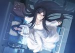  bed black_hair blue_eyes closed_eyes collarbone dress dual_persona floating from_above fujou_kirie ghost hospital hospital_bed hospital_gown kara_no_kyoukai long_hair looking_at_viewer lying multiple_girls picture_(object) pillow tsukikanade very_long_hair wheelchair white_dress 