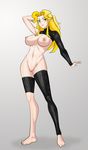  1girl blonde_hair breasts green_eyes highres large_breasts latex nipples pussy solo stand supernova_(artist) uncensored 