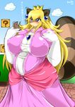  ?_block animal_ears artist_name blonde_hair blue_eyes blush breasts brick brooch cloud covered_nipples crown day dress earrings elbow_gloves fat furry gloves glowing huge_breasts jewelry leaf long_hair mario_(series) open_mouth pink_dress princess_peach raccoon_ears raccoon_tail sky solo super_mario_bros. sweat tail translation_request whiskers ymbk 