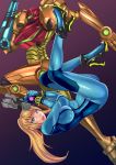  1girl arm_cannon ass blonde_hair bodysuit breasts cleavage dual_persona green_eyes gun handgun helmet high_heels kokuryuugan metroid mole mole_under_mouth nintendo open_mouth ponytail power_armor samus_aran simple_background tight upside-down varia_suit weapon zero_suit 