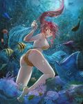  air_bubble ass barefoot bikini breasts bubble cameltoe coral fish free! freediving highres holding_breath large_breasts long_hair looking_back matsuoka_gou ocean open_mouth ponytail red_eyes red_hair serino_itsuki sideboob solo stingray strap_gap swimming swimsuit trefoil underwater 