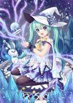  :d black_legwear blue_eyes bunny cape cha_chazi green_hair hat hatsune_miku high_heels long_hair looking_at_viewer magic_circle magical_girl open_mouth pantyhose sitting skirt smile snowflakes suki!_yuki!_maji_magic_(vocaloid) twintails very_long_hair vocaloid wand wariza witch_hat yuki_miku yukine_(vocaloid) 