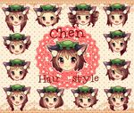  alternate_hair_length alternate_hairstyle animal_ears bangs bangs_pinned_back blunt_bangs bob_cut braid brown_hair cat_ears character_name chen doily double_bun drill_hair face fang hair_over_one_eye hat heart heart_background ibaraki_natou jewelry lace_border long_hair looking_at_viewer mob_cap multiple_views open_mouth red_eyes short_hair single_earring smile touhou twin_braids twin_drills twintails variations 