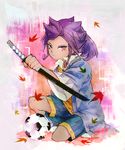  ball fusion haori ieiieiiei inazuma_eleven_(series) inazuma_eleven_go inazuma_eleven_go_chrono_stone japanese_clothes katana leaf male_focus purple_eyes purple_hair raimon raimon_soccer_uniform shinsengumi soccer_ball soccer_uniform solo sportswear sword telstar tsurugi_kyousuke tsurugi_kyousuke_(mixi_max_okita_souji) weapon 