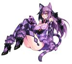  animal_ears bare_shoulders bell blush bow bridal_gauntlets cat_ears cat_paws cat_tail checkered checkered_legwear cheshire_cat_(monster_girl_encyclopedia) fur grin hair_bow high_heels kenkou_cross looking_at_viewer monster_girl monster_girl_encyclopedia official_art paws personification purple purple_hair simple_background smile solo striped_tail tail thighhighs troll_face white_background 