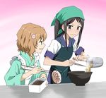  2girls apron black_hair blush cooking food hanasaku_iroha kamaboko matsumae_ohana multiple_girls naruto_(food) narutomaki negitan_(imizu_citizen) ponytail tsurugi_minko 