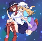  blouse boots dress hat holding ishimu legs long_hair maribel_hearn mob_cap multiple_girls neo-traditionalism_of_japan one_eye_closed short_hair skirt touhou usami_renko 