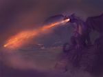  claws detailed_background dragon fire glowing glowing_eyes horn landscape lava male mountain noben outside solo spikes thorns wings yellow_eyes 