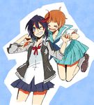  black_hair blue_eyes blue_sailor_collar blue_skirt brown_hair dress_shirt gaa_(butsugen) grin jacket kill_la_kill letterman_jacket mankanshoku_mako matoi_ryuuko multiple_girls one_eye_closed open_clothes open_jacket sailor_collar school_uniform shirt sketch skirt smile 