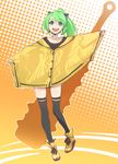  animal_ears bad_id bad_pixiv_id black_legwear cat_ears fang green_eyes green_hair highres long_hair open_mouth original outstretched_arms poncho ponytail smile solo thighhighs yahako 