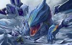  battle blue cloak dual_wielding duel fighting_stance fins giant_monster gradient ground_shatter holding monster monster_hunter monster_hunter_4 open_mouth rainbow_order reptile sharp_teeth size_difference sword teeth weapon zamtrios 