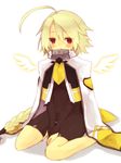  ahoge angel_wings blazblue blonde_hair blush bodysuit cloak commentary lambda-11 red_eyes solo wings yuya_(oshidori) 