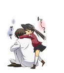  1girl admiral_(kantai_collection) brown_eyes brown_hair hat hug hug_from_behind kantai_collection long_hair long_sleeves military military_uniform primary_stage ryuujou_(kantai_collection) skirt translated twintails uniform visor_cap 