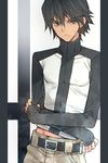  :&lt; against_wall belt black_hair closed_mouth coin_rand cross crossed_arms high_collar kanzaki_jin long_sleeves looking_at_viewer male_focus pants pillarboxed pointy_hair shirt sleeves_past_wrists solo untucked_shirt v-shaped_eyebrows zetman 