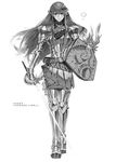  armor breastplate chomoran dungeons_and_dragons elf full_armor gauntlets greaves greyscale highres long_hair monochrome pauldrons pointy_ears rapier shield sidelocks smile solo sword translated weapon 