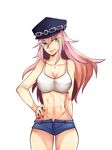  1girl breasts capcom cleavage final_fight fingernails green_eyes hat hips legs long_hair midriff navel pink_hair poison_(final_fight) shirt shorts smile solo street_fighter street_fighter_iv ultra_street_fighter_iv white_shirt 