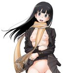  :d amagami ayatsuji_tsukasa black_eyes black_hair blazer blush breasts cum cum_on_body cum_on_breasts cum_on_upper_body fukudahda groin jacket long_hair long_sleeves looking_at_viewer medium_breasts no_bra no_panties open_clothes open_mouth pleated_skirt scarf school_uniform simple_background skirt skirt_lift smile solo white_background 
