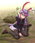  animal_ears black_legwear blush bunny_ears bunny_tail dirty highres hole kezune_(i-_-i) loafers long_hair looking_at_viewer necktie pitfall purple_hair red_eyes reisen_udongein_inaba shoes sitting skirt solo tail tears thighhighs touhou very_long_hair wariza 
