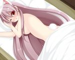  animal_ears blanket blush breasts bunny_ears bunny_tail chestnut_mouth chimunge extra_ears large_breasts long_hair looking_at_viewer looking_back lying nude on_side one_eye_closed pink_eyes purple_hair reisen_udongein_inaba sideboob solo tail touhou very_long_hair 