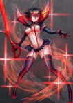  black_hair blue_eyes boots breasts highres horns kill_la_kill large_breasts matoi_ryuuko multicolored multicolored_eyes multicolored_hair red_hair revealing_clothes reverse_grip scissor_blade senketsu short_hair suspenders tako_seijin thigh_boots thighhighs two-tone_hair underboob 