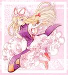  arm_ribbon berries blonde_hair border breasts cake doily dress food frilled_dress frills fruit hat hat_ribbon jumping large_breasts legs_up light_smile long_hair looking_at_viewer macaron mob_cap no_socks pink_background plate purple_eyes ribbon shadow shige_(st-k) shoes short_sleeves solo spoon strawberry tabard touhou trigram very_long_hair yakumo_yukari yin_yang 