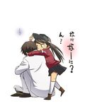  1boy 1girl admiral_(kantai_collection) brown_eyes brown_hair hat hug hug_from_behind kantai_collection long_hair long_sleeves military military_uniform primary_stage ryuujou_(kantai_collection) skirt translated twintails uniform visor_cap 