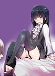  1girl black_gloves black_hair black_legwear blush garter_straps gloves inu_x_boku_ss legs long_hair mamemix miketsukami_soushi open_mouth purple_eyes shirakiin_ririchiyo sitting sweat thighhighs 