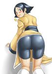  1girl all_fours ass bike_shorts black_hair blue_eyes blush chinese_clothes from_behind highres leg_warmers lynn_baker rage_of_the_dragons sash short_hair snk solo tsukumo_(inatsuku) white_background 
