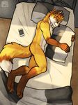  anthro bed bedroom canine cellphone fox fur green_eyes lying male mammal nude phone pillow sad solo tsaiwolf yellow_fur 