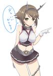  blush breasts brown_hair gloves green_eyes ica kantai_collection large_breasts looking_at_viewer midriff miniskirt mutsu_(kantai_collection) navel pointing short_hair simple_background skirt smile solo translated white_background white_gloves 