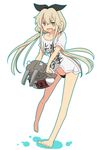  adapted_object bandages barefoot blonde_hair bow clothes_writing cosplay futaba_anzu futaba_anzu_(cosplay) grey_eyes headband highleg highleg_panties highres idolmaster idolmaster_cinderella_girls innertube kantai_collection long_hair navel panties parody rensouhou-chan rumia_(compacthuman) shimakaze_(kantai_collection) shirt solo source_quote_parody striped stuffed_toy t-shirt thong translated twintails underwear wavy_mouth you_work_you_lose 