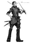  armor beard chomoran claws dual_wielding dungeons_and_dragons facial_hair greyscale highres holding knee_pads monochrome pants scabbard sheath sleeves_rolled_up sword translation_request weapon 