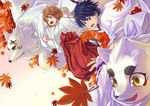  1girl animal black_hair blue_eyes brown_eyes brown_hair creature falling_leaves furry gingitsune_(ochiai_sayuri) gintarou gradient gradient_background grey_background hakama happy haru_(gingitsune) j.2 japanese_clothes kamio_satoru kimono leaf maple_leaf miko open_mouth red_hakama saeki_makoto short_hair simple_background upper_body wide-eyed 