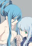  :p aoki_hagane_no_arpeggio blue_hair blush breast_hold breasts cleavage grabbing green_eyes iona long_hair medium_breasts multiple_girls ningen_(ningen96) phallic_symbol ponytail saliva sexually_suggestive silver_hair suggestive_fluid takao_(aoki_hagane_no_arpeggio) tongue tongue_out translated 