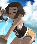  blush breasts brown_eyes brown_hair character_request cloud clouds drinking drinking_fountain faucet kakkou_(su) looking_at_viewer pointy_ears short_hair shorts sideboob sideboobrn sky small_breasts source_request sweat swimsuit_tan tan tanline tongue tongue_out water water_fountain wince 